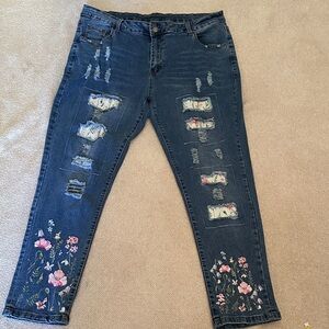 Floral Embroidered Distressed Blue Jeans